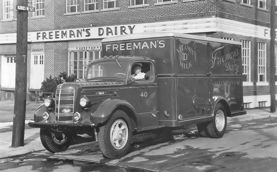 1950 Freeman’s Dairy milk delivery truck parked outside the dairy in Allentown, Pennsylvania.
