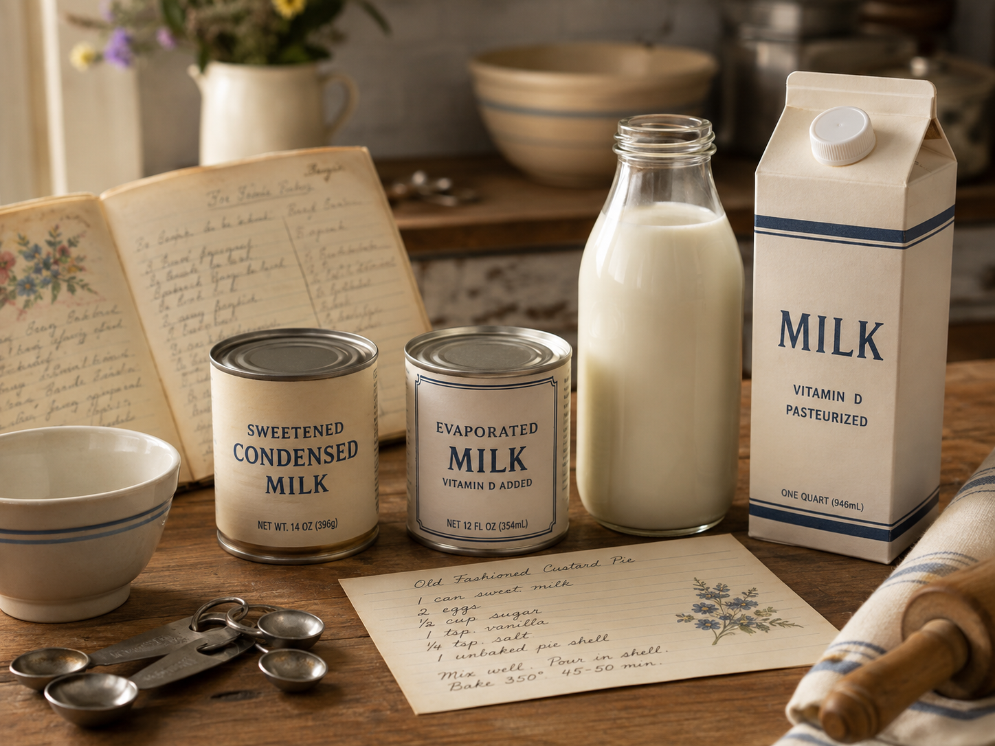 Vintage kitchen scene with whole milk, sweetened condensed milk, evaporated milk, and an old handwritten recipe