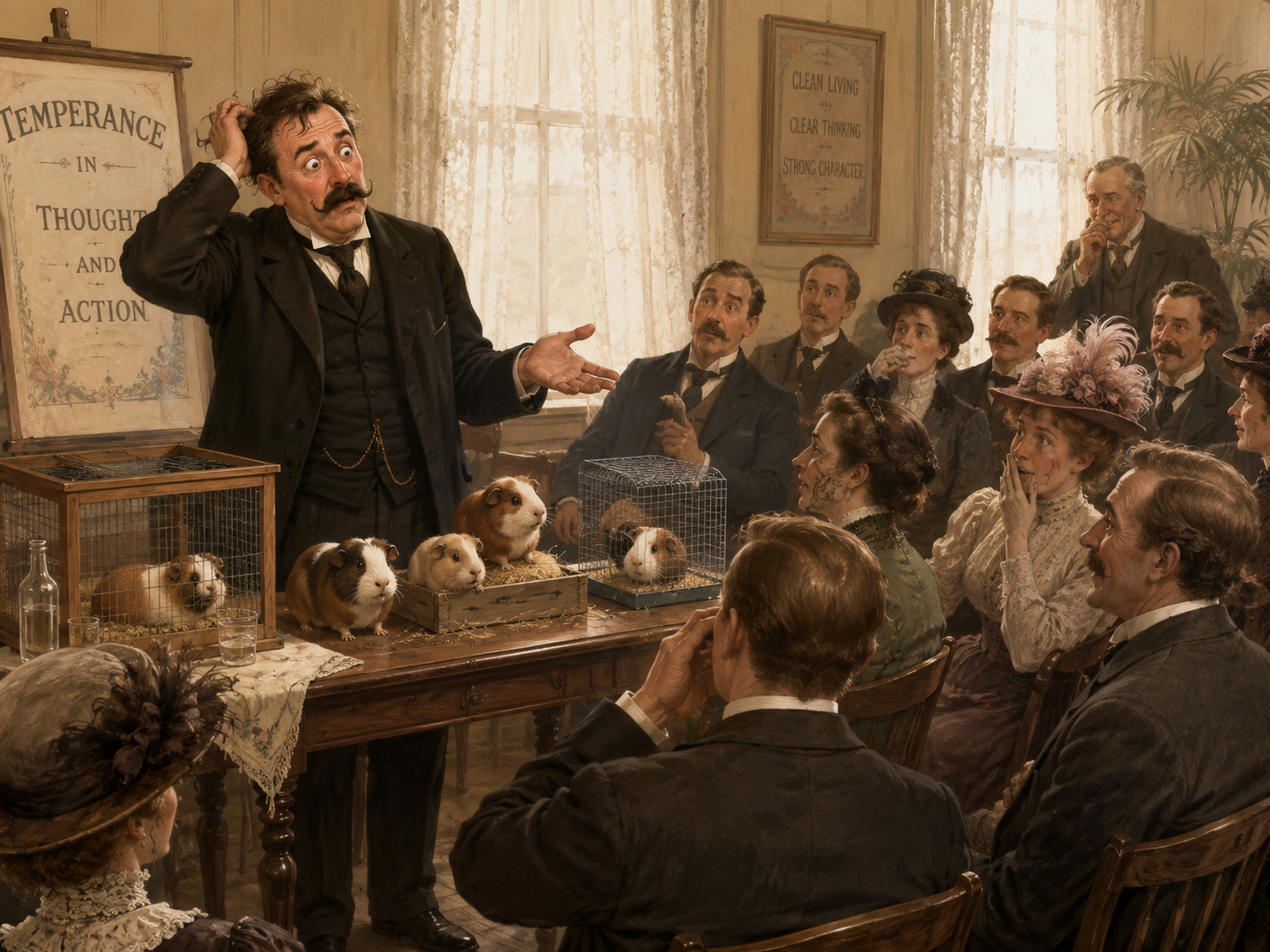 Illustration of a flustered early-1900s temperance lecturer standing before an audience with several guinea pigs on a table during a public demonstration gone wrong.