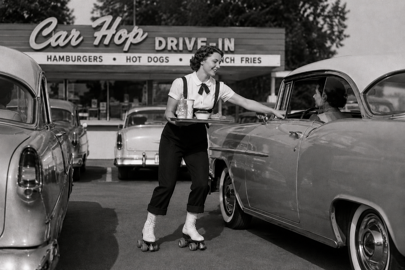 Vintage-style black-and-white scene of a roller-skating carhop serving food to a customer at a 1950s drive-in restaurant.