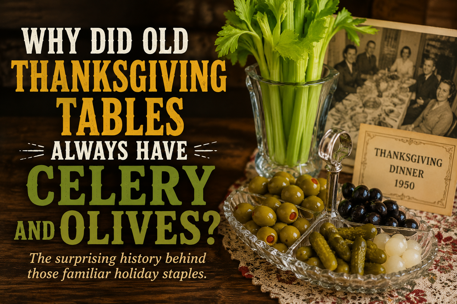 Vintage Thanksgiving scene with celery displayed in a glass vase beside a divided relish tray filled with green and black olives, pickles, and pearl onions.