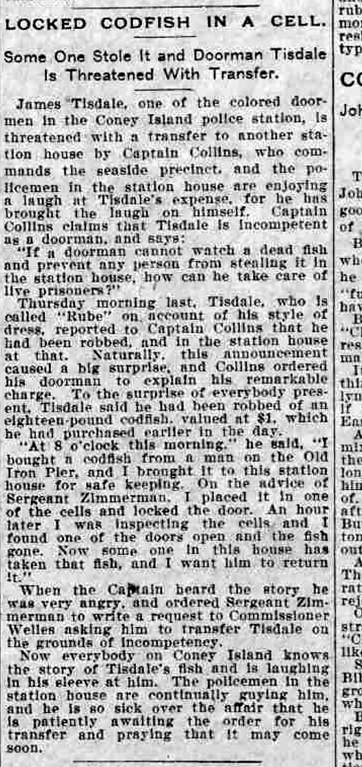 1897 newspaper clipping titled “Locked Codfish in a Cell” about a missing codfish at the Coney Island police station.