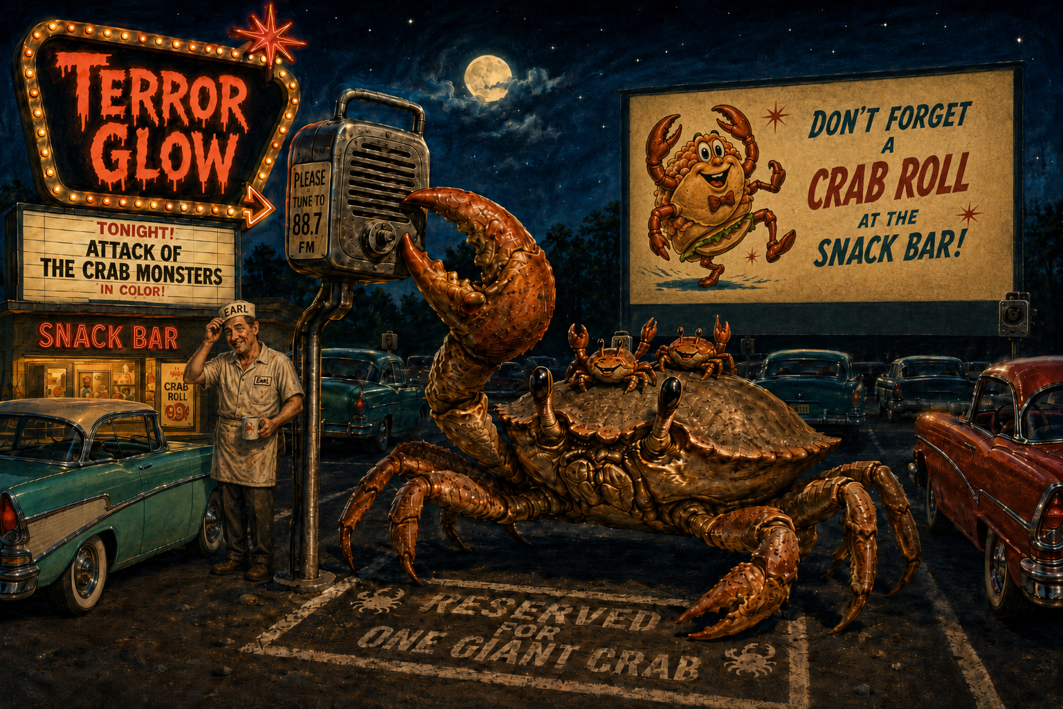 Giant crab with baby crabs parked at the Terror Glow drive-in, reaching for a speaker while Earl stands outside the snack bar and a crab roll ad plays on the screen.