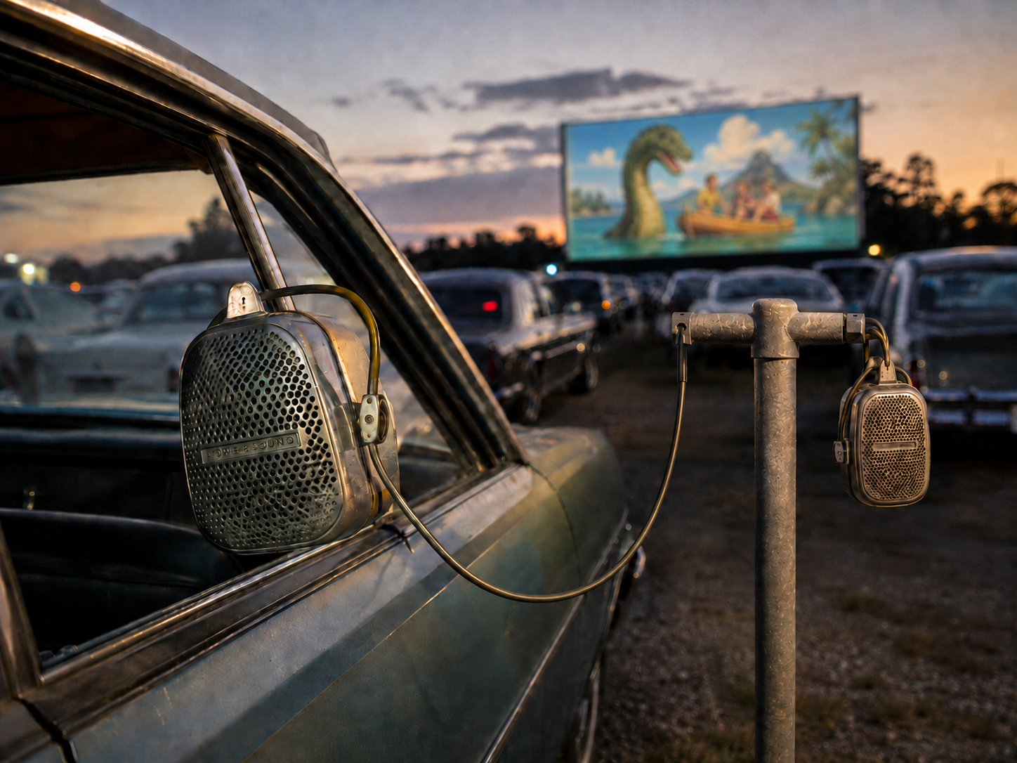 Vintage drive-in movie speaker hanging from a car window, connected to a two-speaker post with a family-friendly movie playing on the screen at dusk.