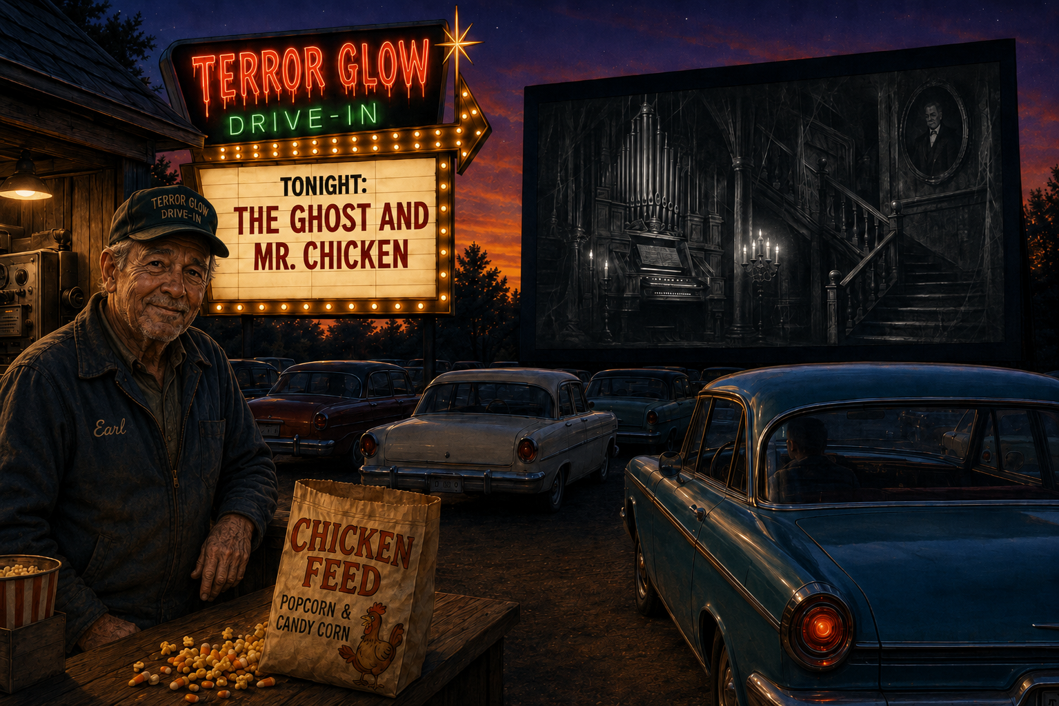 Earl stands at the Terror Glow Drive-In beside a bag of “Chicken Feed” as The Ghost and Mr. Chicken plays, with a spooky mansion organ scene on the screen and vintage cars in the lot.