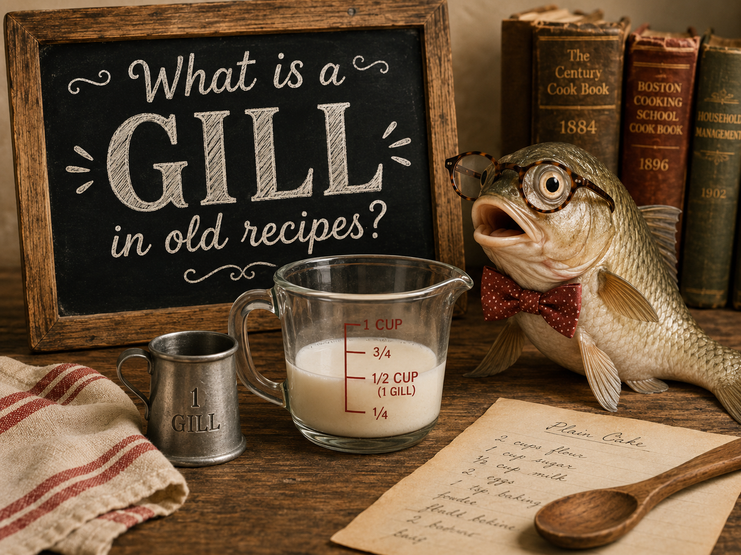 Fish wearing glasses beside a vintage measuring cup and chalkboard about gills in old recipes.