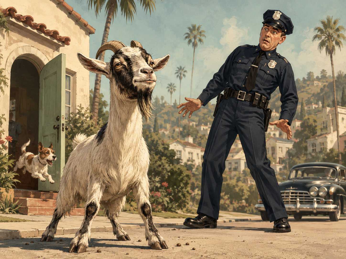 Illustration of a smug goat facing a startled 1940s police officer outside a Hollywood home, with a small dog running from the doorway.