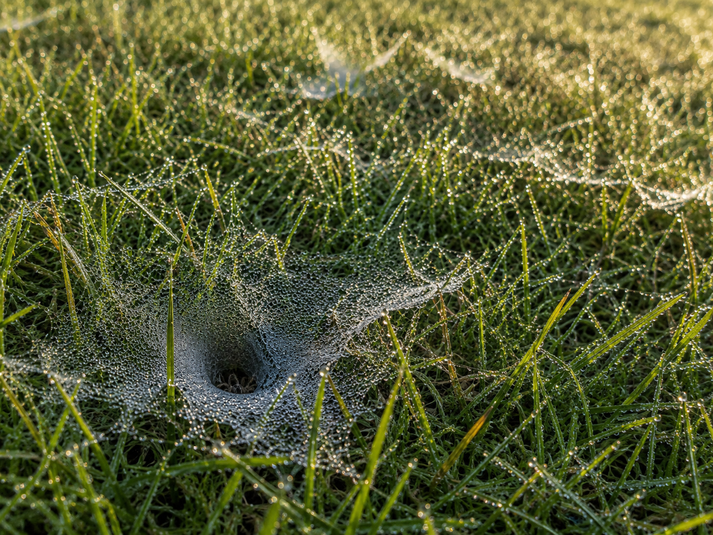 Dew-covered funnel spider web stretched through morning grass, with tiny water droplets revealing the web’s shape in the early sunlight.