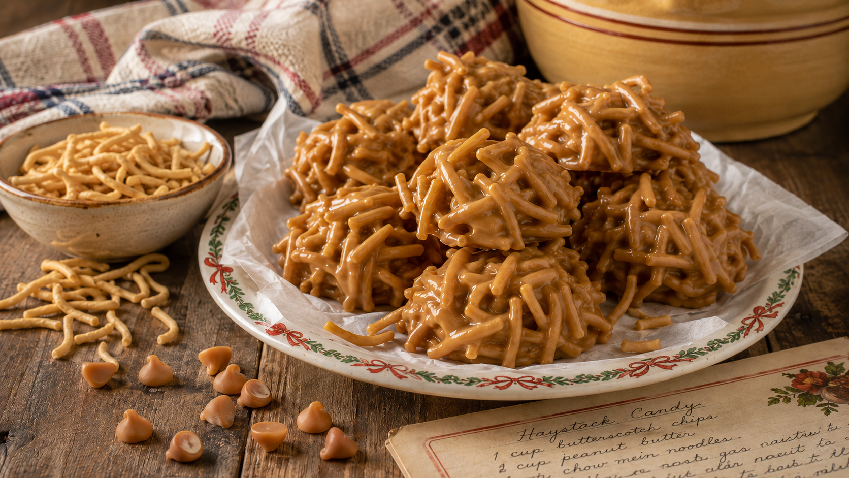 Old-fashioned haystack candy made with butterscotch-coated chow mein noodles on a Christmas plate with red ribbon and green garland trim, beside extra crispy noodles and butterscotch chips.