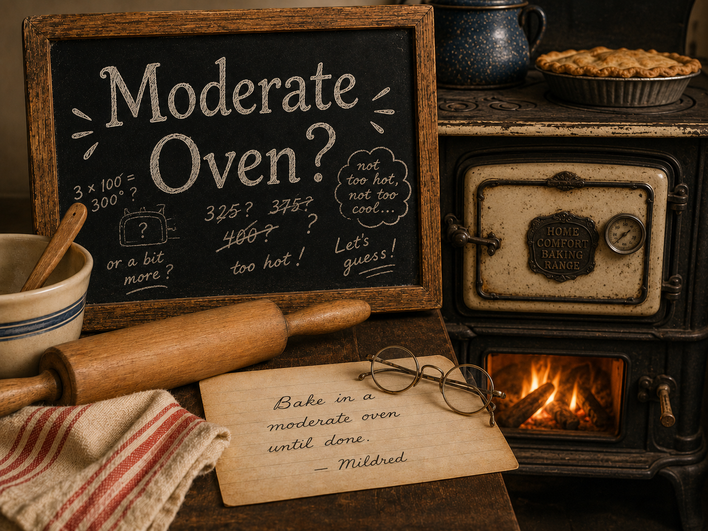 Vintage wood cookstove beside a chalkboard reading “Moderate Oven?” with crossed-out temperature guesses and an old recipe card signed Mildred.
