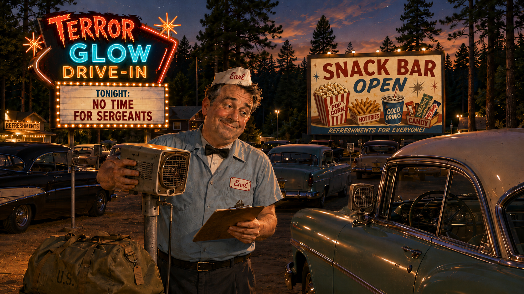 Earl inspects a drive-in speaker at the wooded Terror Glow Drive-In, with a military duffel bag nearby, vintage cars parked with speakers, and a “Snack Bar Open” ad on the screen for No Time for Sergeants.