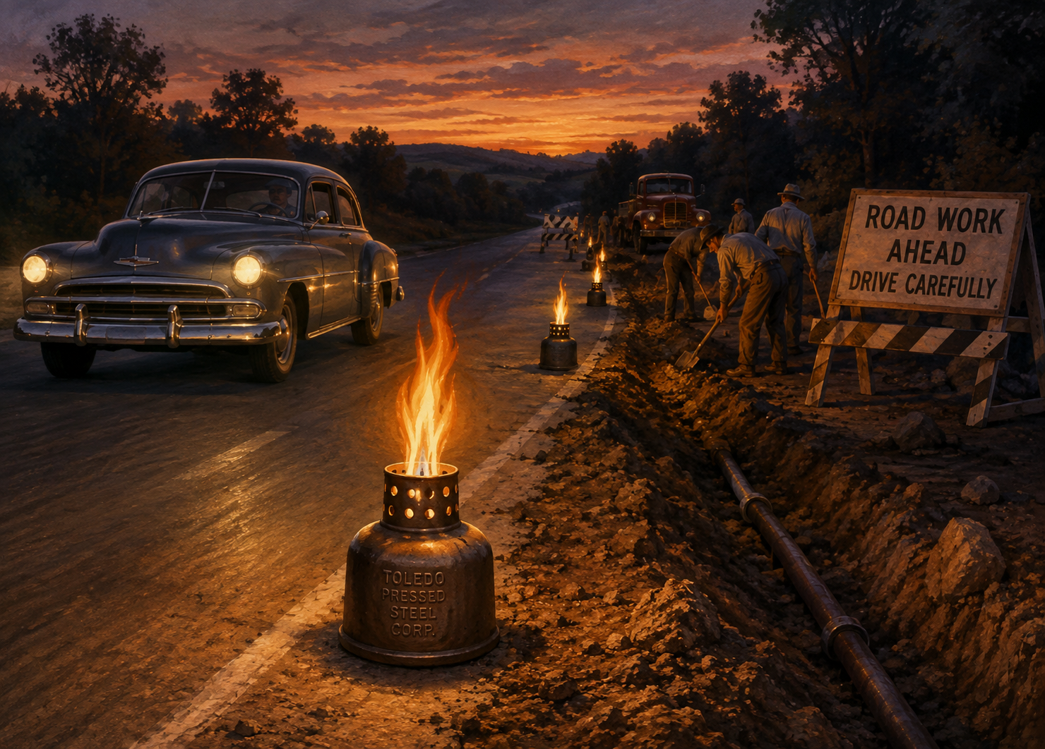 Illustration of mid-century road construction at dusk with workers, a vintage car, and burning Toledo-style kerosene warning torches marking the work zone.