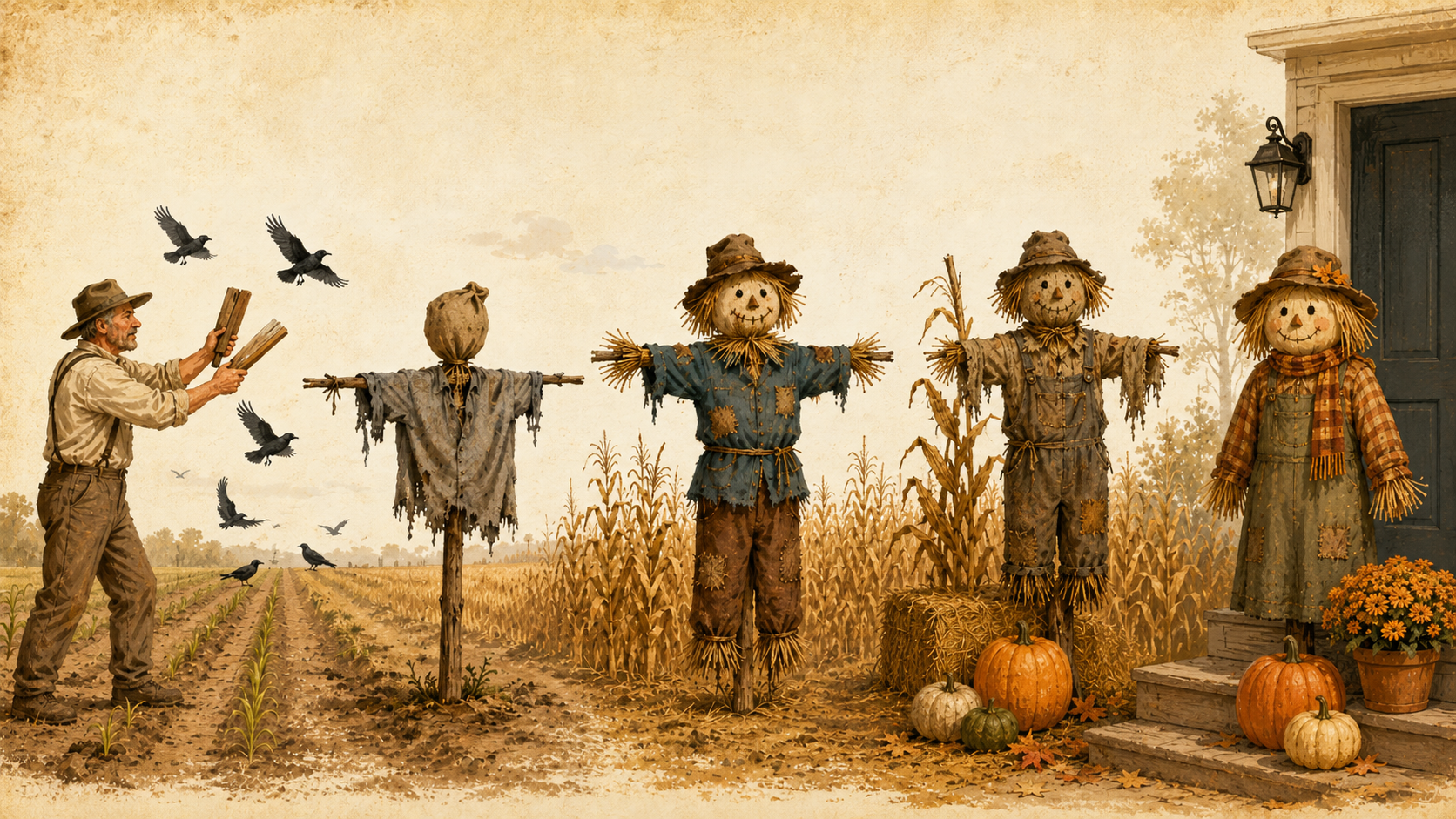 Illustration showing the evolution of scarecrows from a human bird-scarer to a crude field effigy, traditional scarecrow, harvest symbol, and fall porch decoration.