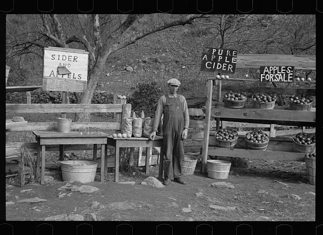 Vintage roadside stand selling apples and cider along Lee Highway in Shenandoah National Park, 1935.