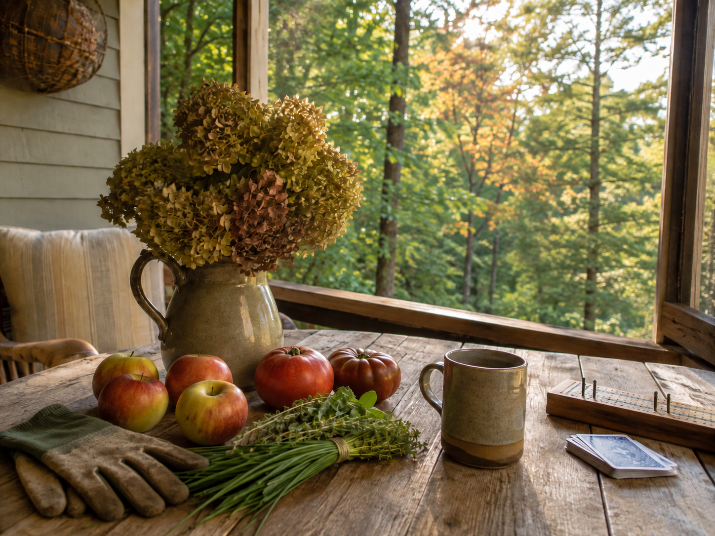 Rustic porch table with garden gloves, drying hydrangeas, fresh herbs, apples, tomatoes, a mug, and cards as late summer begins to turn to fall.