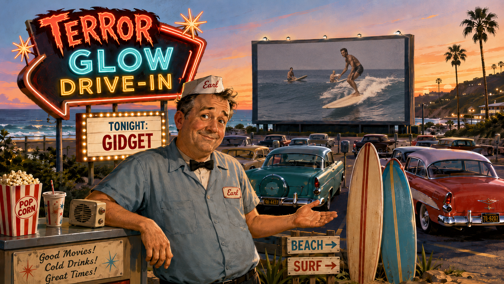 Retro Terror Glow Drive-In at sunset with Earl beside the marquee for Gidget, vintage cars, surfboards, and surfers riding waves on the movie screen.