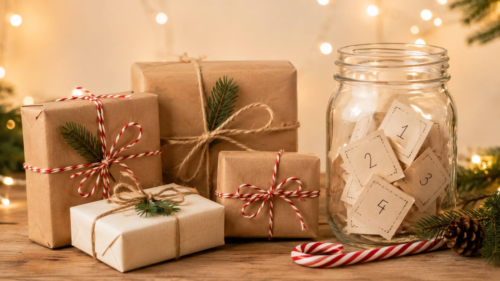 Brown paper-wrapped Christmas gifts tied with string beside a glass jar filled with numbered slips for a Yankee Swap gift exchange.