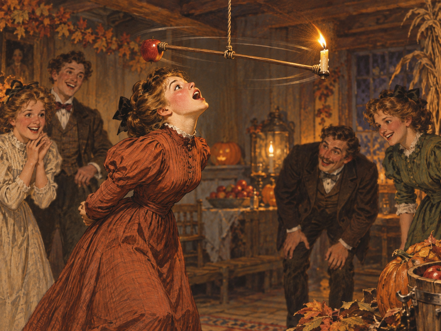 Vintage-style Halloween illustration of a woman trying to bite an apple from one end of a spinning stick while a lit candle swings from the other end