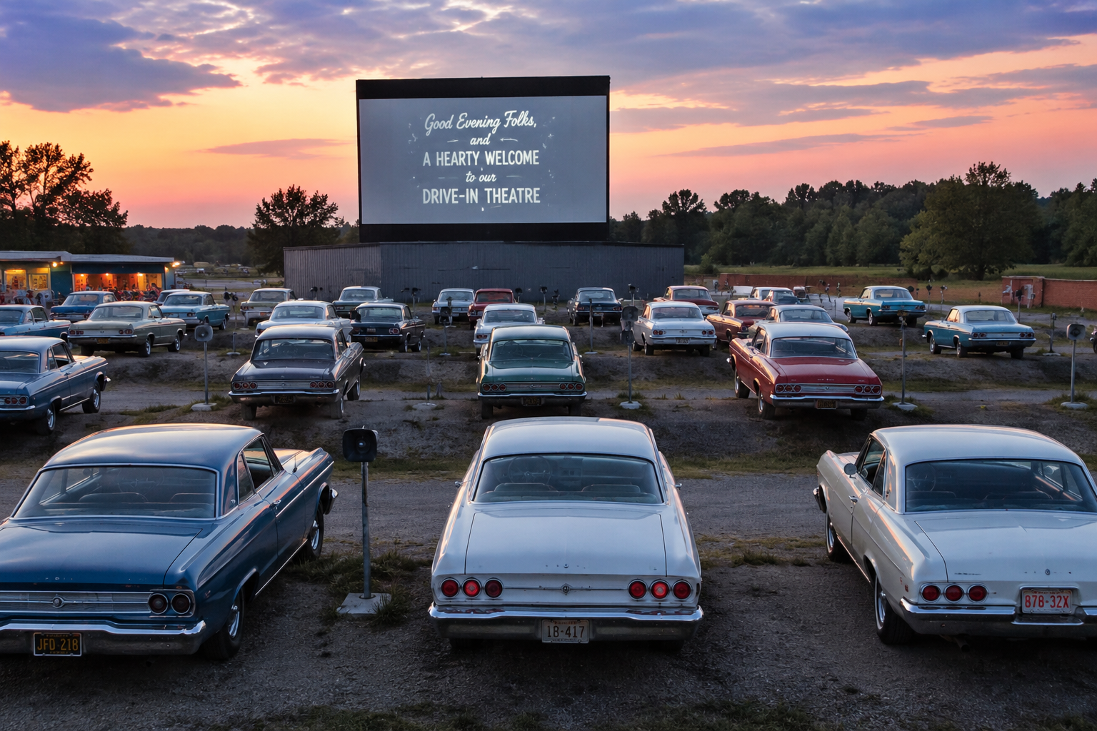 1960s cars parked in rows at a drive-in theater, facing a large outdoor movie screen with speaker posts beside the cars.