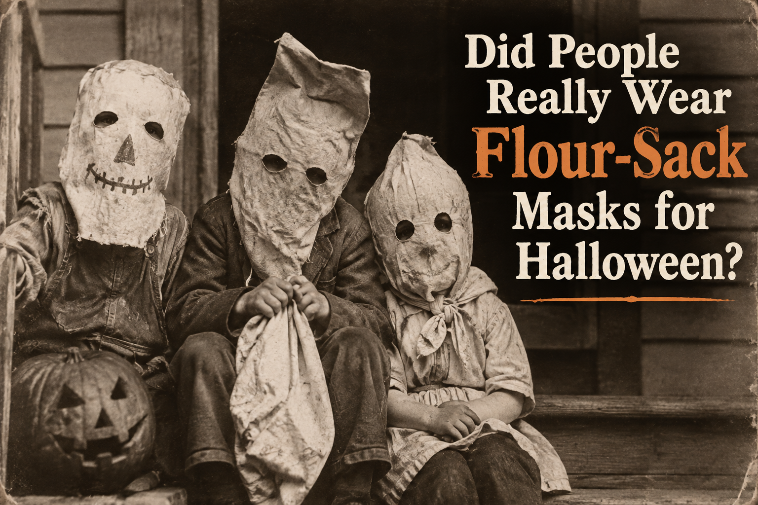 Vintage-style Halloween scene with three children wearing homemade flour-sack masks beside a jack-o’-lantern, with text asking whether people really wore flour-sack masks for Halloween.