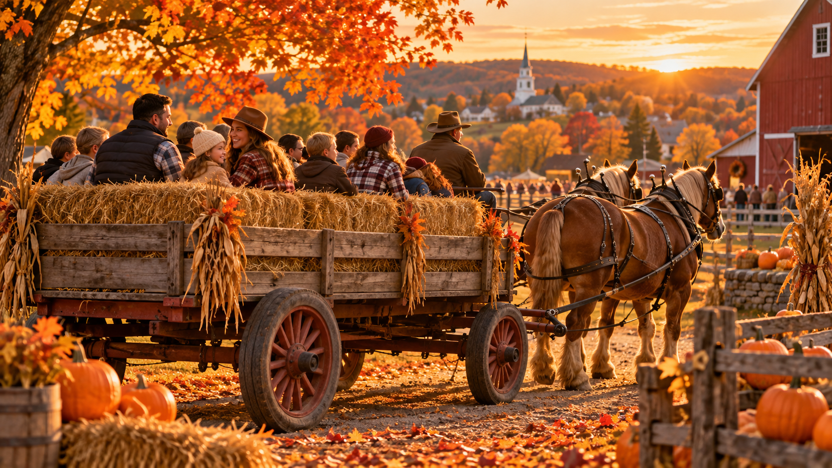 A horse-drawn hayride wagon filled with riders travels through a farm at sunset, surrounded by pumpkins, corn stalks, and bright autumn leaves.