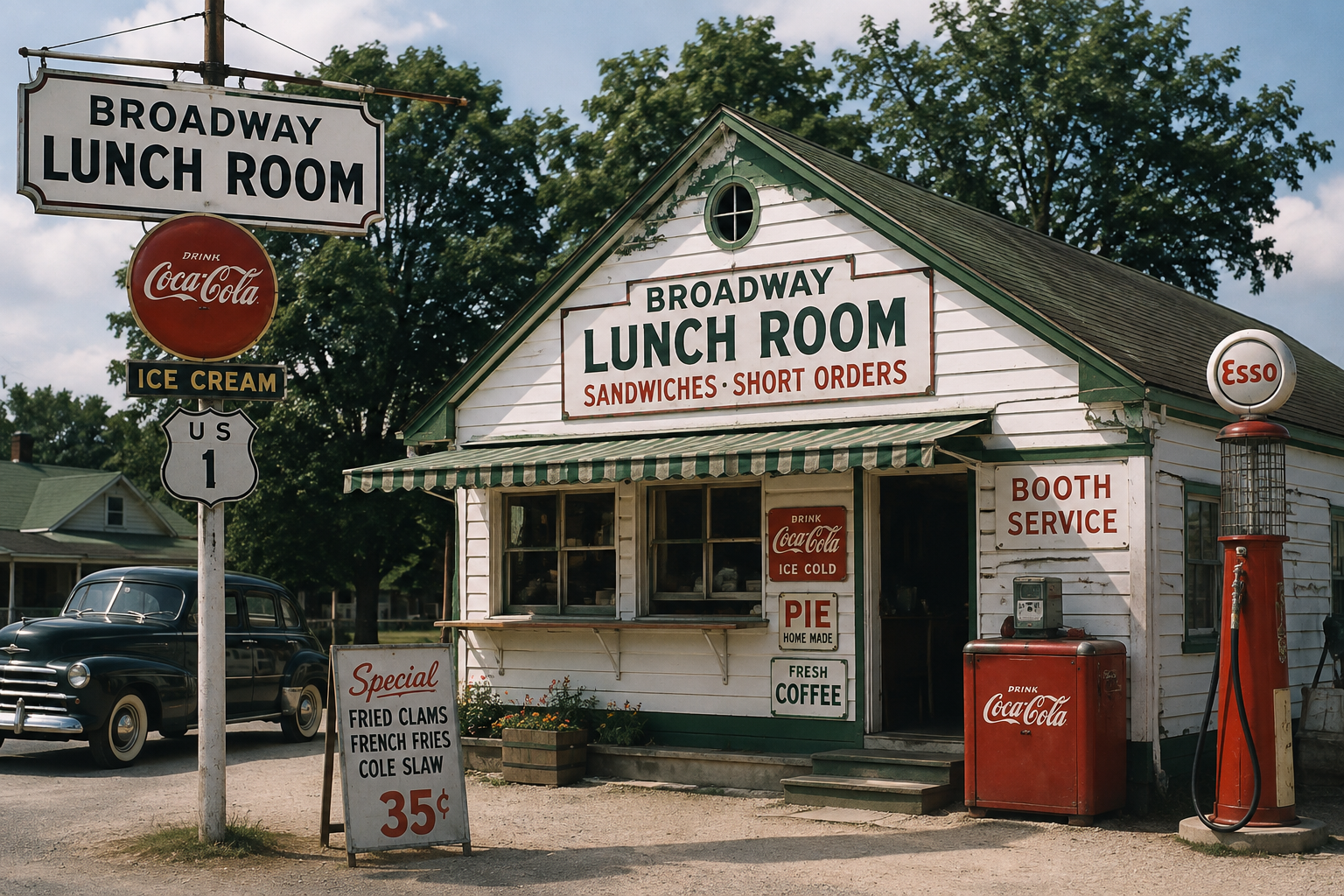 Vintage roadside lunch room with old gas pumps, a classic car, and signs advertising sandwiches, pie, coffee, ice cream, and fried clams.
