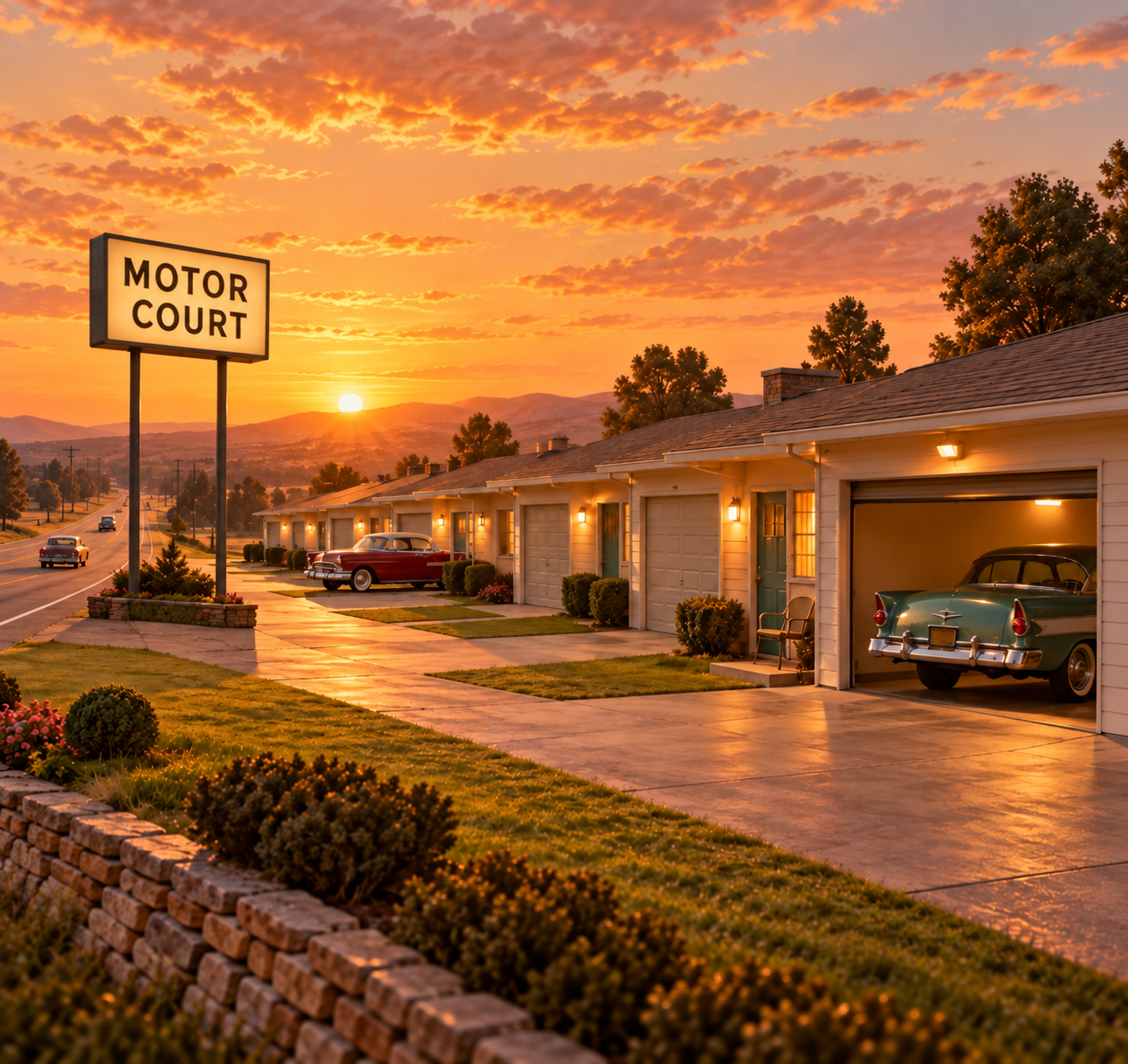Vintage motor court with private garages beside motel rooms, classic cars, and a roadside sign at sunset.