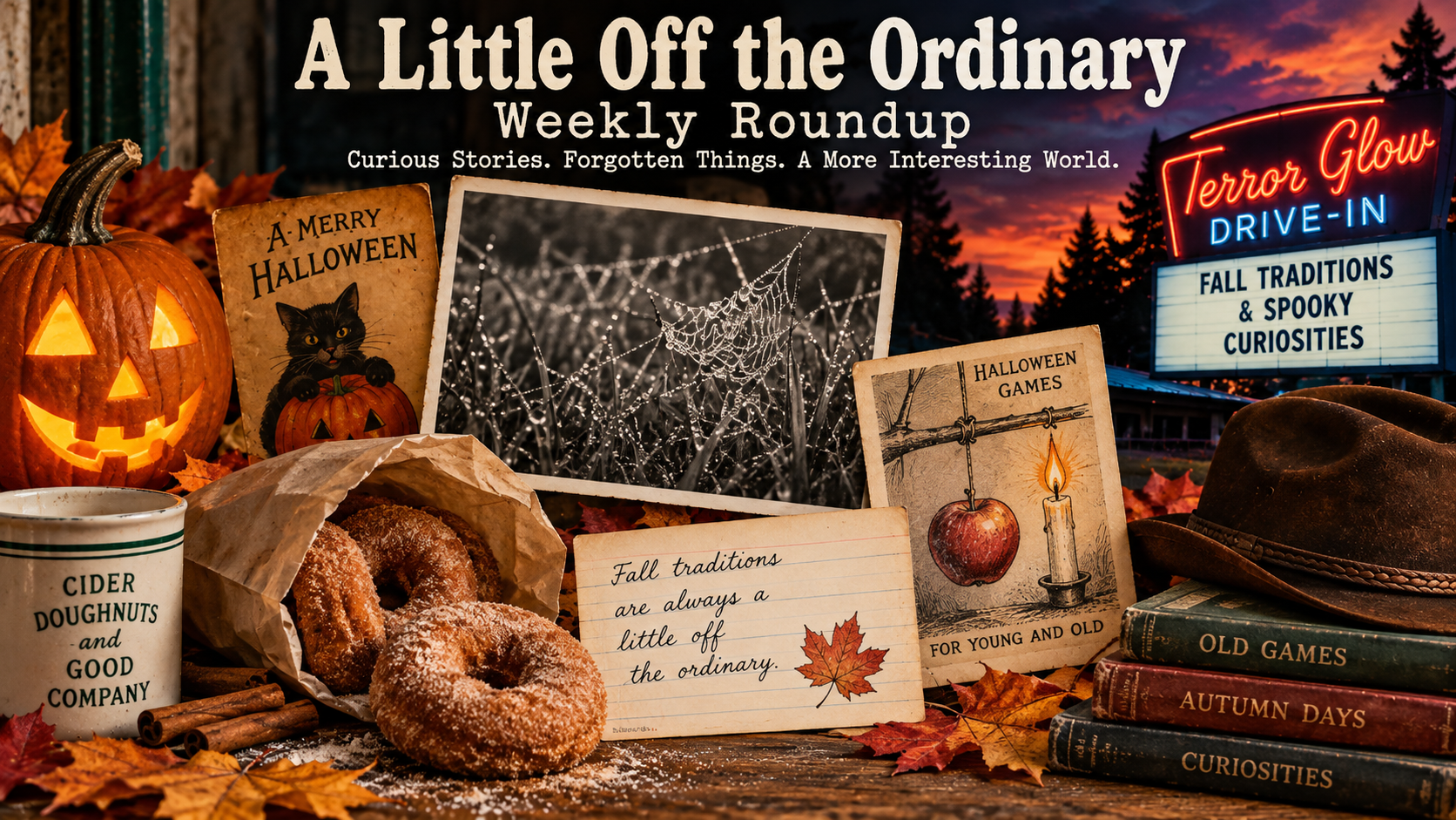 Vintage-style Weekly Roundup collage with cider doughnuts, a dew-covered spiderweb, an old Halloween apple-and-candle game, a glowing jack-o’-lantern, autumn leaves, and the Terror Glow Drive-In marquee.