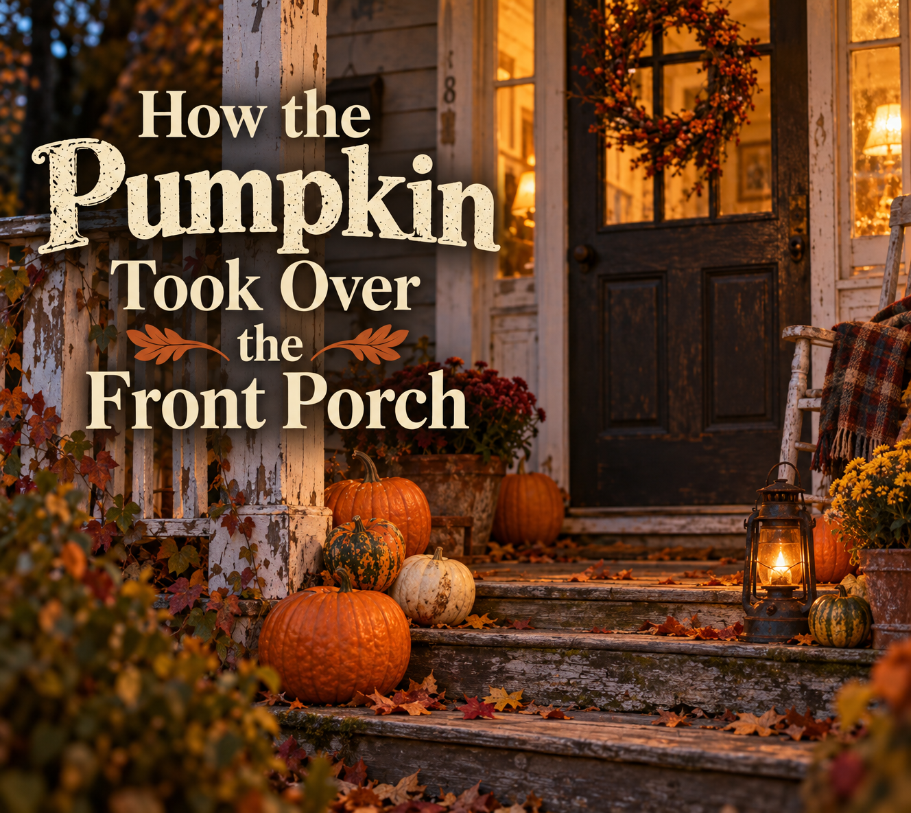 Weathered autumn front porch with pumpkins, mums, fallen leaves, an old lantern, and the title “How the Pumpkin Took Over the Front Porch.”