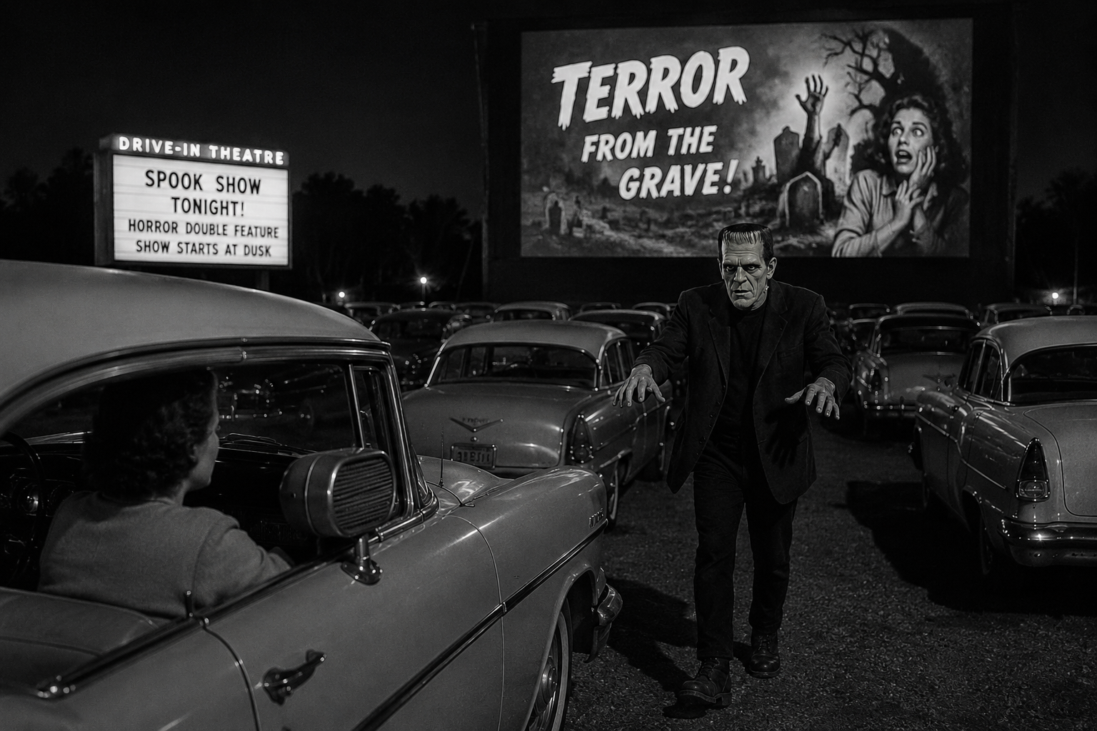 Black-and-white 1950s drive-in theater scene with a Frankenstein-style monster walking between parked cars during a spook show.