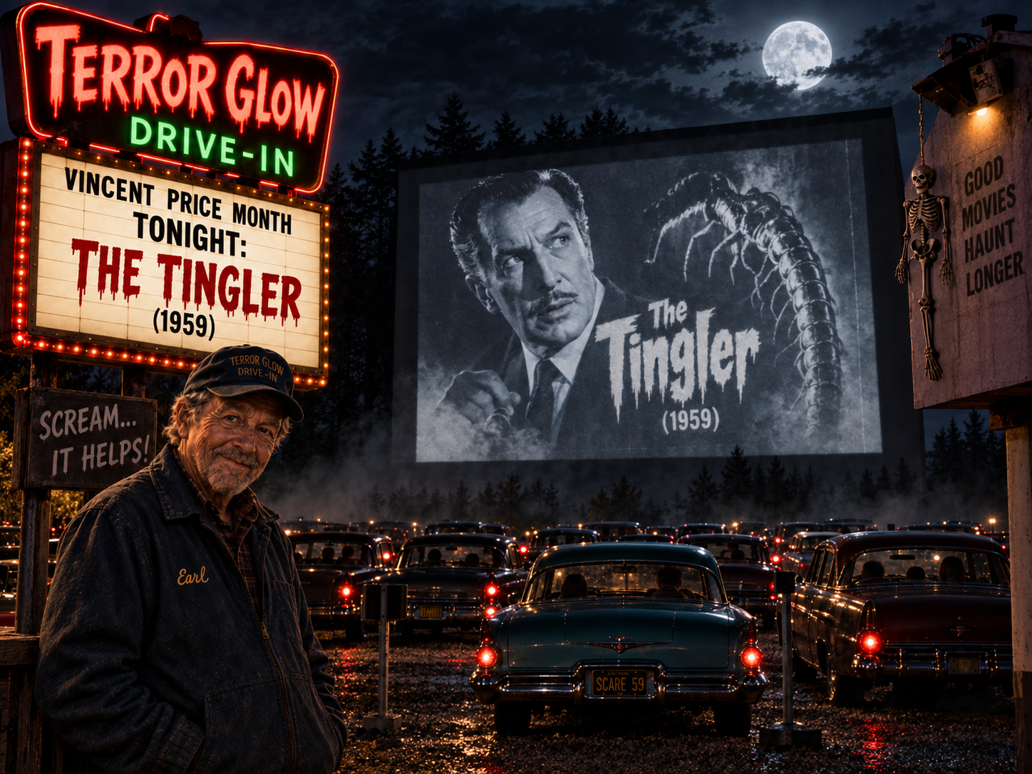 Earl stands at the Terror Glow Drive-In beneath a hanging skeleton as the marquee announces The Tingler for Vincent Price Month and classic cars face the moonlit screen.