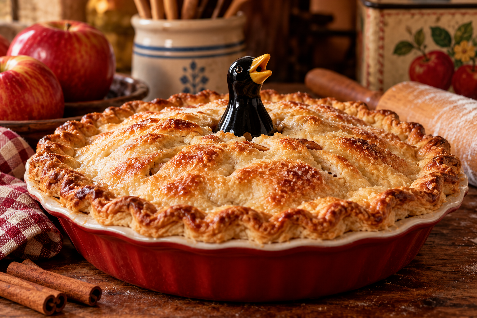 Golden-brown homemade apple pie with a black ceramic pie bird peeking through the crust, displayed in a red pie dish on a rustic kitchen table with apples, cinnamon sticks, and vintage baking utensils.