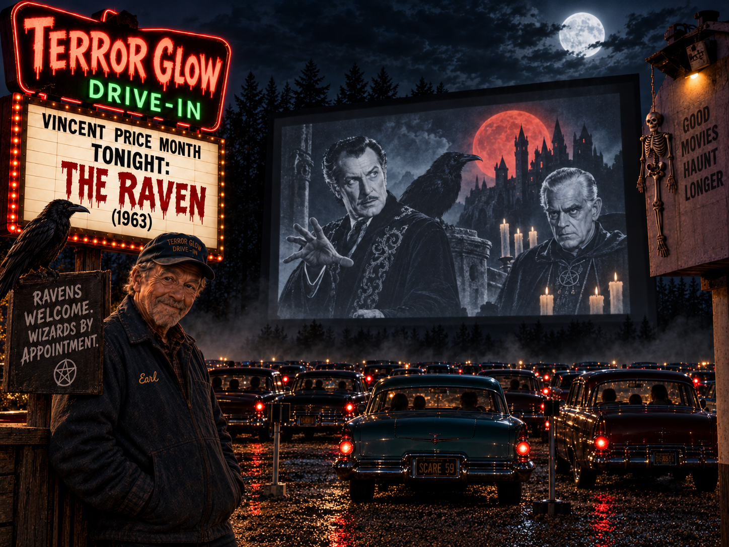 Earl stands beneath the Terror Glow Drive-In marquee for The Raven during Vincent Price Month, with a raven nearby, a hanging skeleton on the projector building, classic cars in the lot, and Vincent Price and Boris Karloff on the moonlit screen.